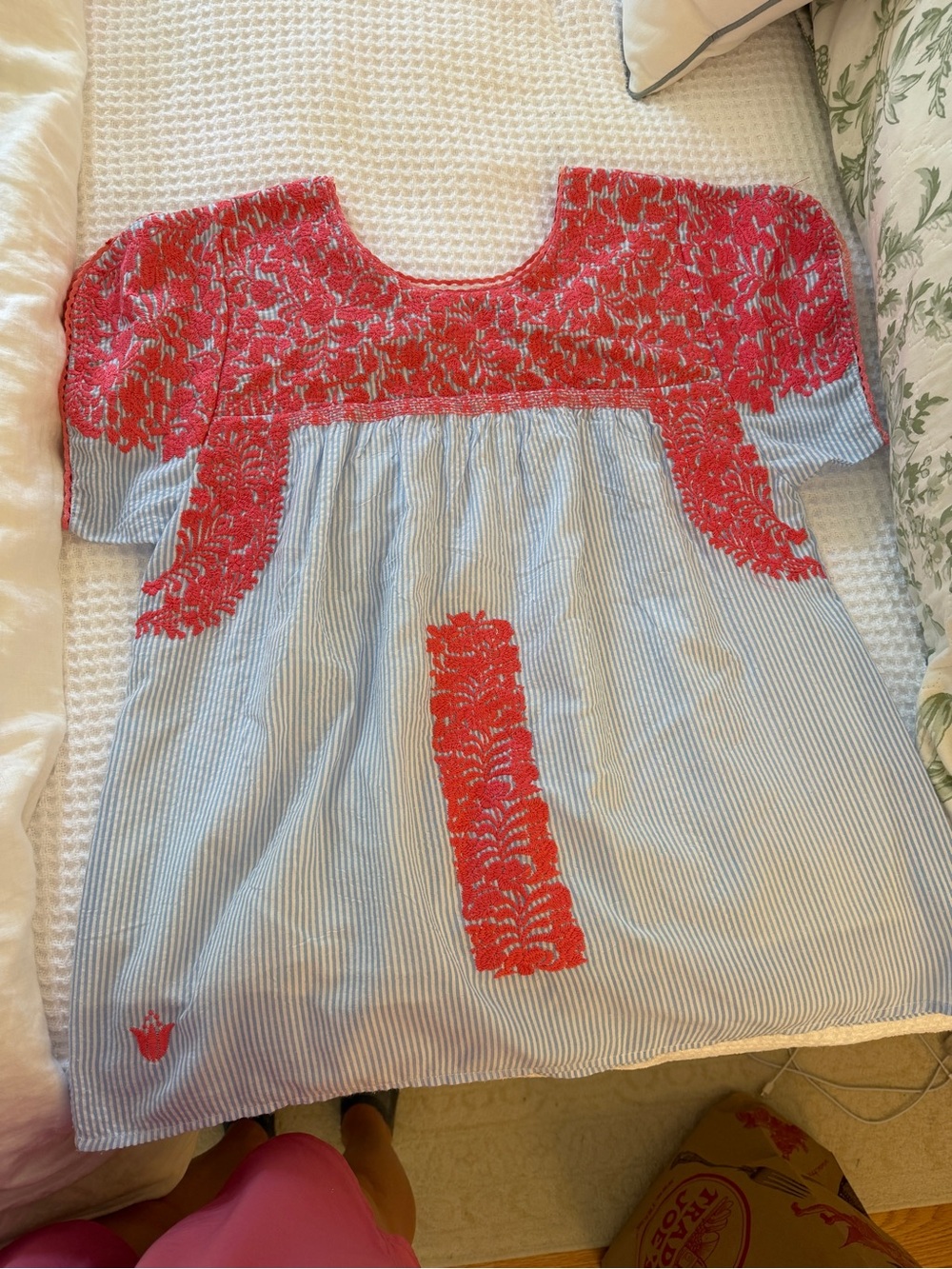J. Marie Coral Embroidered Blue Stripe Peasant Top
